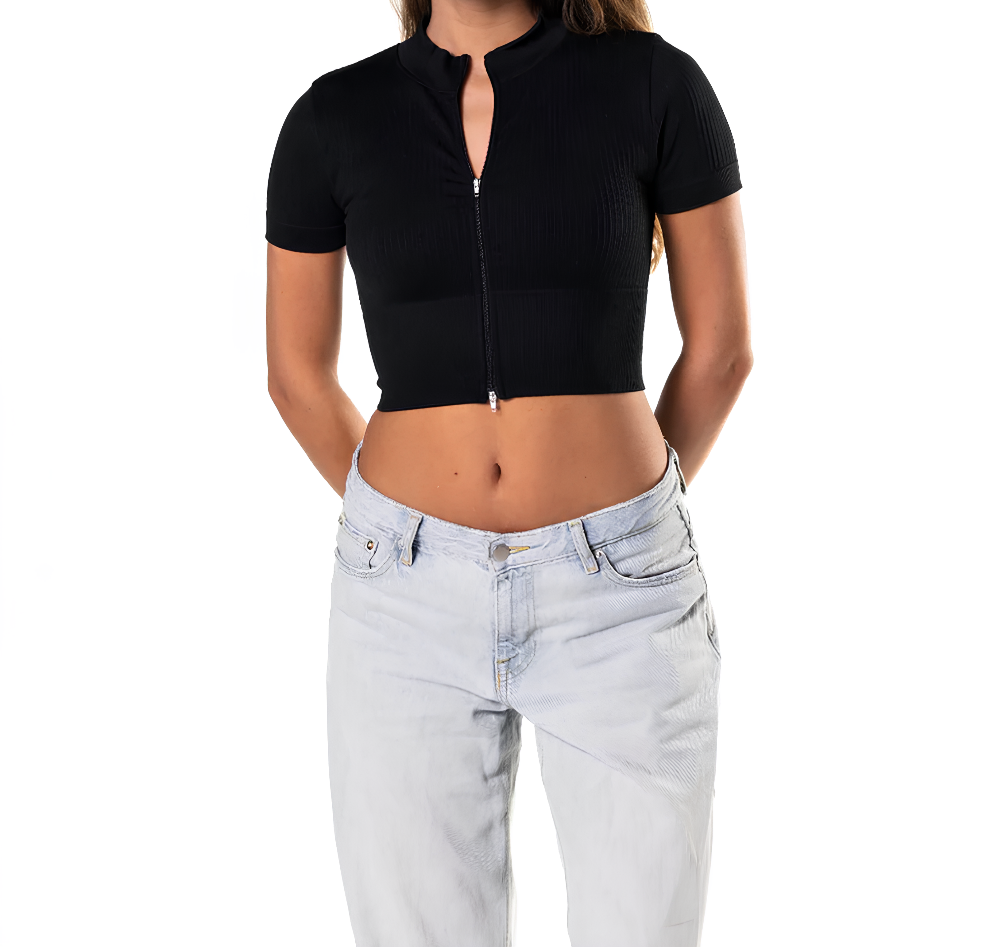 Crop Top Côtelé Sans Couture à Manches Courtes avec Zip Frontal