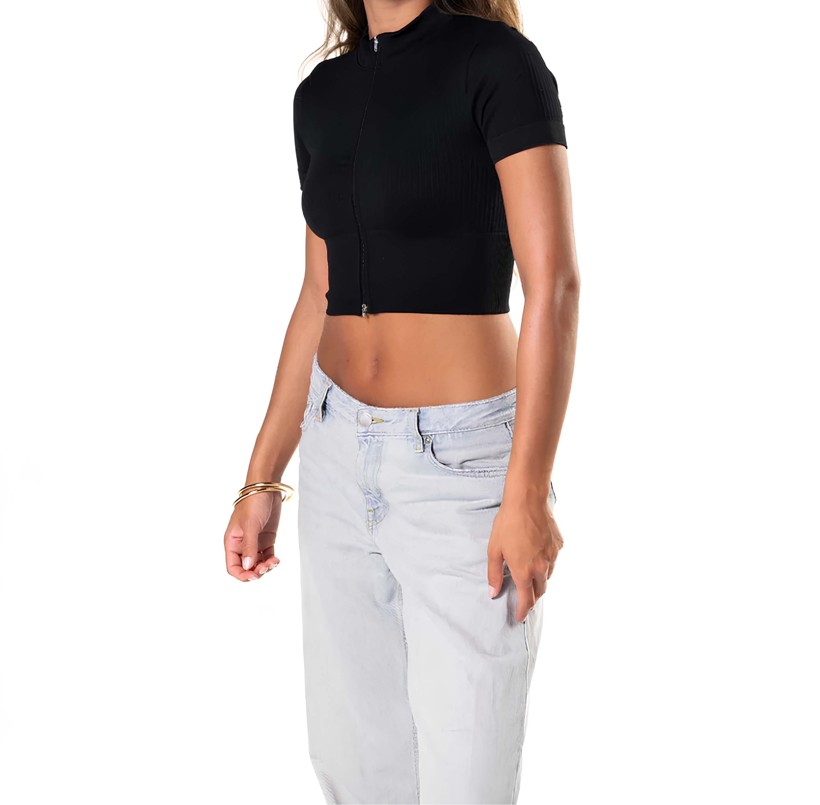 Crop Top Côtelé Sans Couture à Manches Courtes avec Zip Frontal